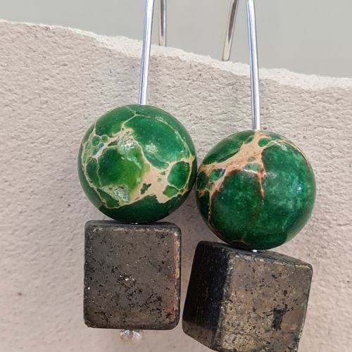 green stone earrings with gold pyrite stone and silver drops