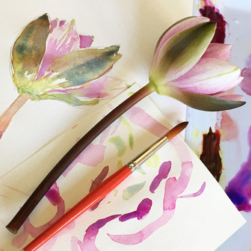 watercolour painted flower and real flower with brush