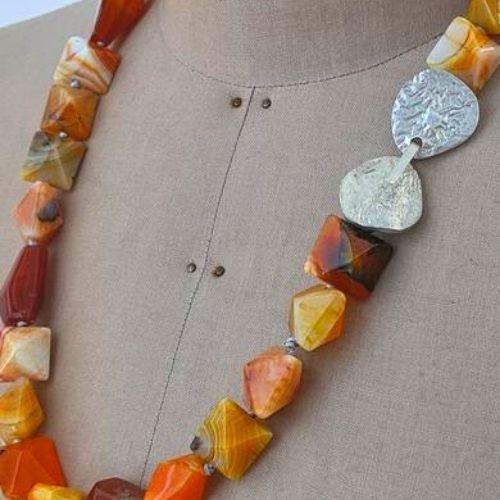 chunky handmade orange precious stone necklace with silver custom clasp for womens birthday