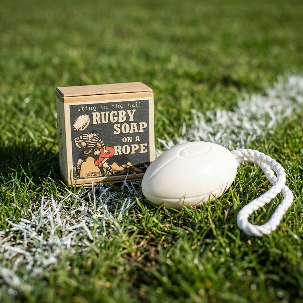 RUGBY BALL SOAP ON A ROPE