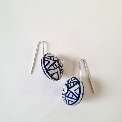handpainted ceramic bead earrings blue and white