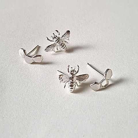 silver handmade earrings bee and honeycomb studs.