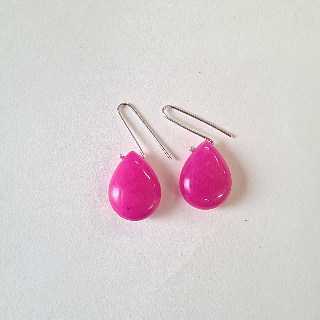 pink teardrop stone earrings silver hooks handmade earrings