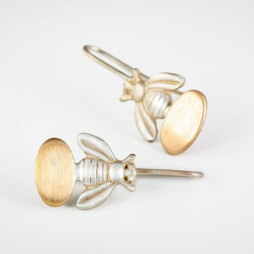 handmade bee gold and silver hook earrings